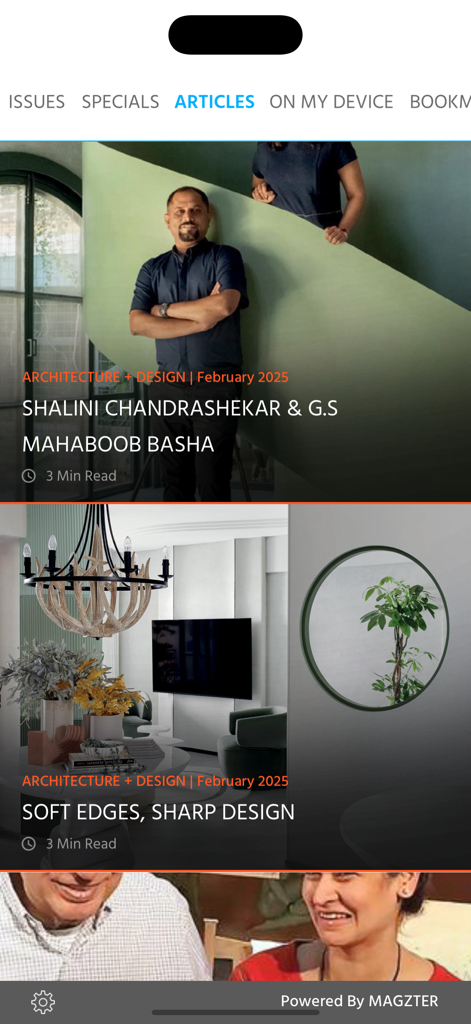 Architecture + Design Mag - Capture d'écran de la section « Articles en vedette » de l'application Architecture and Design Mag présentant des profils de design modernes