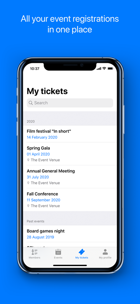 Smartphone screen displaying the Wild Apricot for members app with a list of registered event tickets in the My Tickets section.