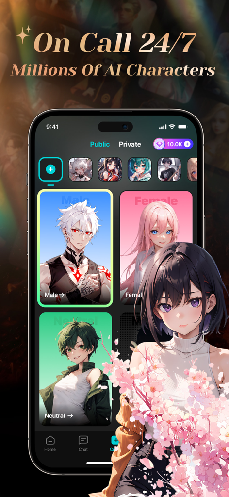 BALA AI app interface showing male female and neutral anime characters for chat