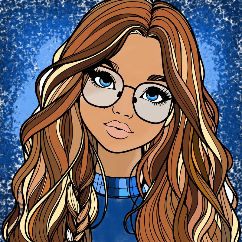 girl with long hair and freckles and glasses realistic