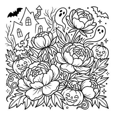 Unearth a unique blend of natural beauty and spooky charm with this captivating coloring page featuring lush garden peonies intertwined with playful Halloween elements. Perfect for adding a touch of eerie elegance to your coloring collection this season.