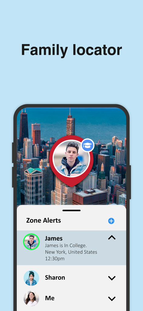 Phone Tracker: Family Locator - 家族見守りマップと安全のためのゾーンアラートを表示するPhone Trackerのモバイルアプリ画面