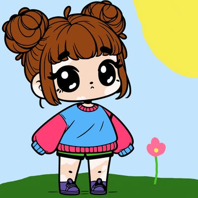 a short girl with goofy buns on the bottom of her head the girl is wearing shorts and an oversized sweat shirt