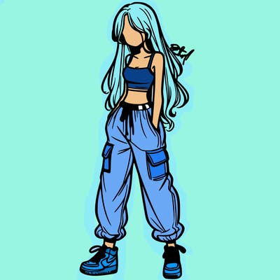 girl in baggy pants crop top and long hair
