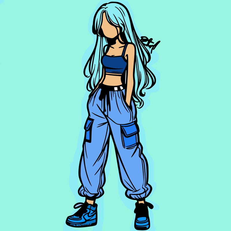 girl in baggy pants crop top and long hair