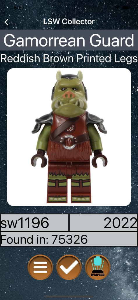 LSW Collector app screen showing details for the Gamorrean Guard LEGO Star Wars minifigure