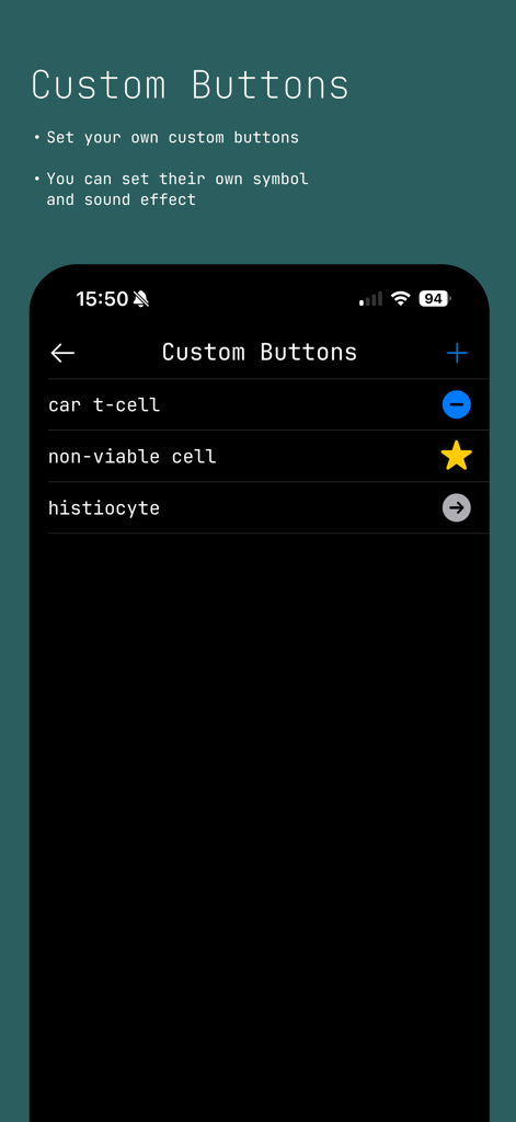 Cell Counter App - Screenshot of the Cell Counter App showing the custom buttons settings screen for labeling cell types like CAR T-cell and histiocyte.