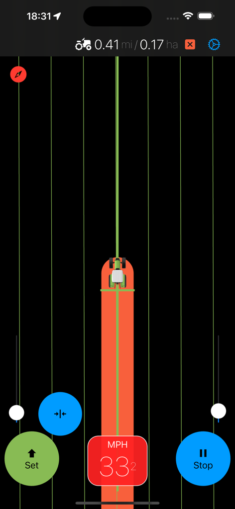 Agro Navigation - Screenshot of the Agro Navigation app showing parallel driving guidance for a tractor in a field