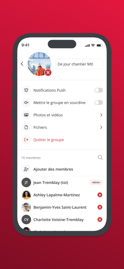 Interfaz de la app móvil BRIX Chat que muestra la configuración del grupo y una lista de miembros profesionales del equipo