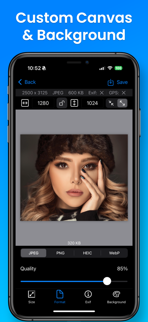 Interfaz de la aplicación móvil que muestra configuraciones personalizadas de lienzo y fondo para redimensionar y convertir fotos.