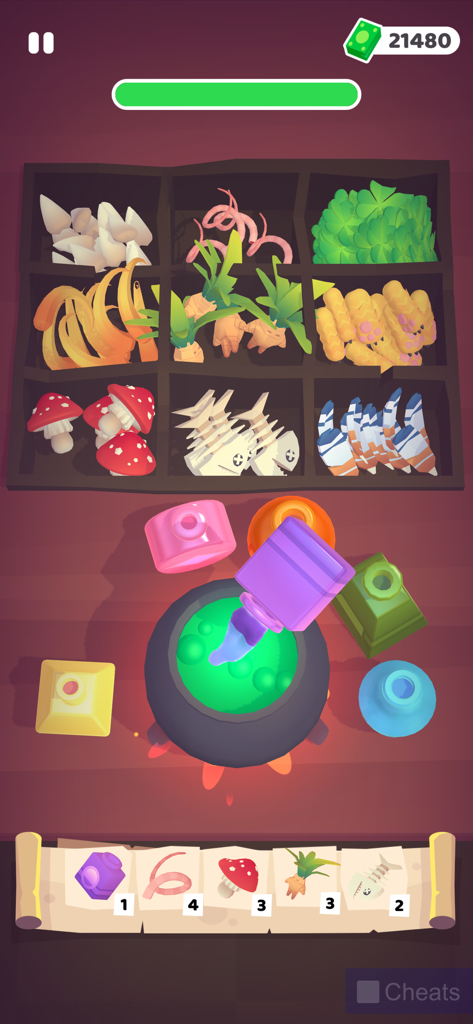 Mini Market - Cooking game - Mini Marketの鮮やかなゲームプレイ画面。レシピのために仕分けられる材料と泡立つ大釜が表示されている様子。