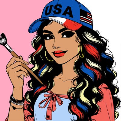 realistic beautiful girl wearing a usa hat holding a paint brush