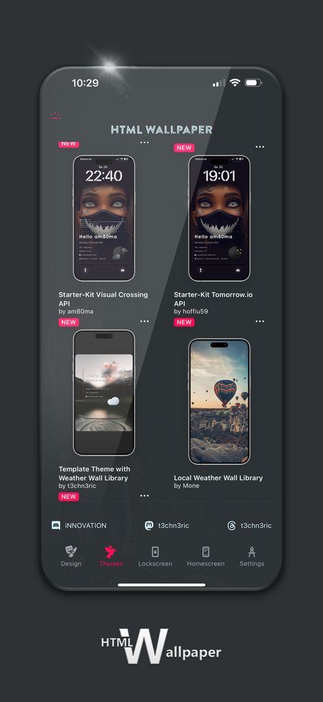 HTML壁紙アプリのテーマライブラリ。iPhone向けのカスタマイズ可能な天気とデータ統合テンプレートが特徴です。