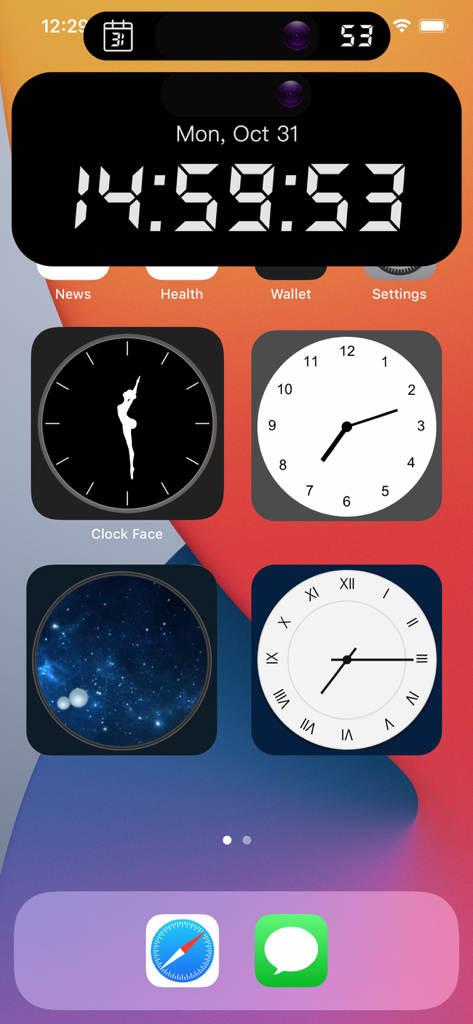 Una colección de widgets estéticos de reloj analógico y digital en la pantalla de inicio de un iPhone, incluido el soporte de Dynamic Island.