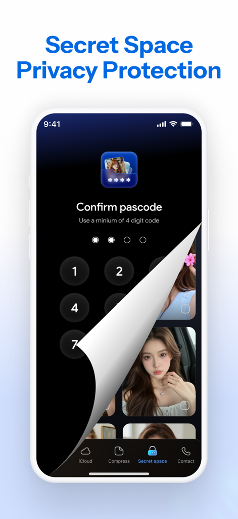 SmartClean AI: Storage Cleaner - SmartClean AI app Secret Space feature with passcode protection for a private photo gallery