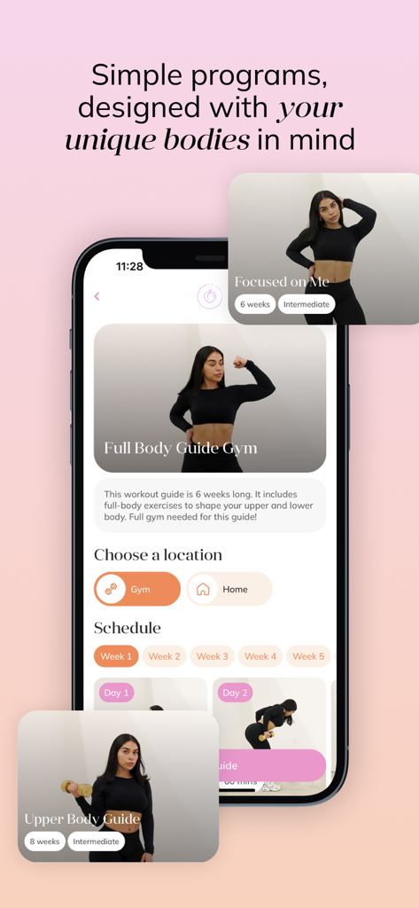 Dani Munoz Fit - Dani Munoz Fit app interface showing workout programs for full body and upper body with gym and home options