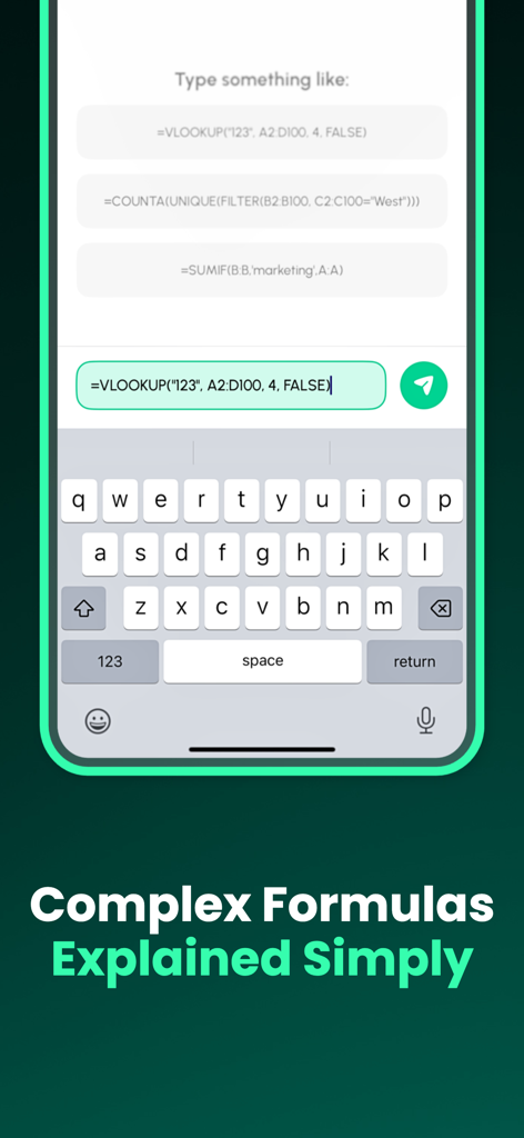 Sheets AI - Formula generator - Eine mobile App-Oberfläche, die eine komplexe SVERWEIS-Tabellenkalkulationsformel zeigt, die generiert wird.
