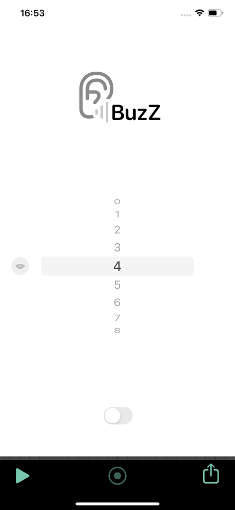 Buzz Listen - Main interface of the Buzz Listen app showing a vertical scroll wheel for adjusting ambient sound loudness