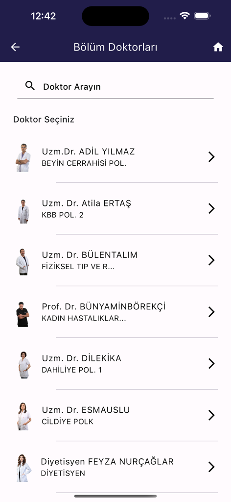 A list of doctors by department in the Buhara Hastanesi mobile app for booking medical appointments