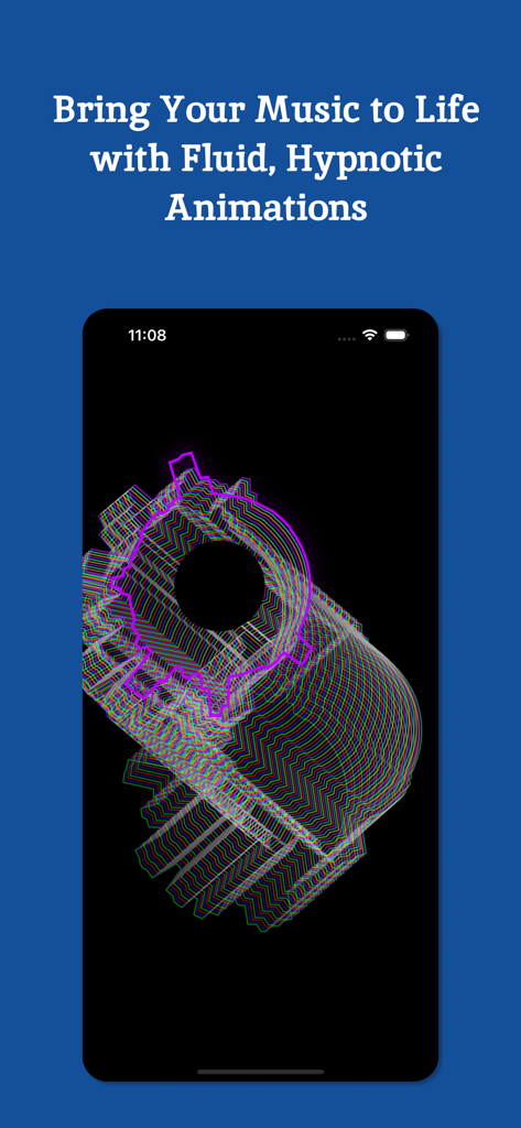 An iPhone screen displaying colorful fluid geometric animations from a music visualizer app
