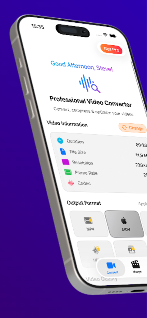 Video Converter Vidify - Una interfaz profesional de convertidor de video que muestra detalles del video y opciones de selección de formato en una pantalla de iPhone