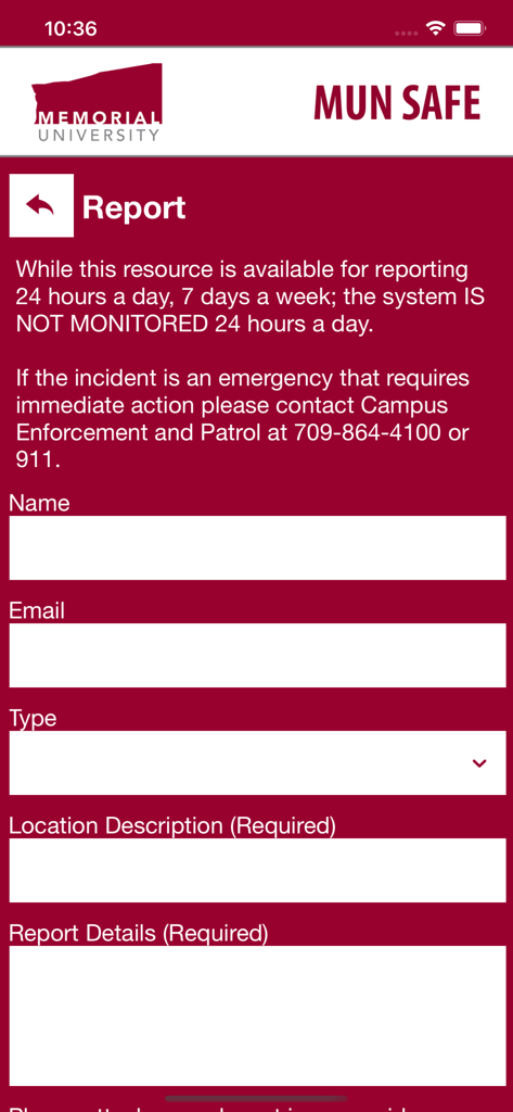 MUN Safe - MUN Safe app interface showing the incident reporting form with fields for name, email, type, location, and report details