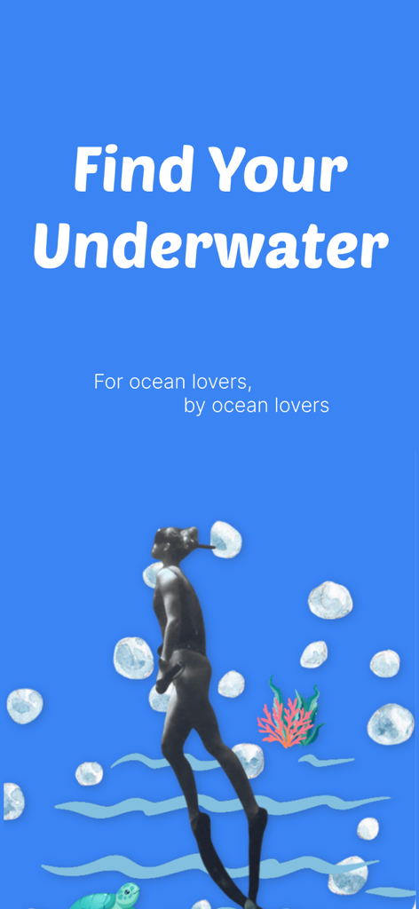 WikiBubbles: Dive & Snorkel - WikiBubbles app splash screen featuring a free diver illustration and the heading Find Your Underwater