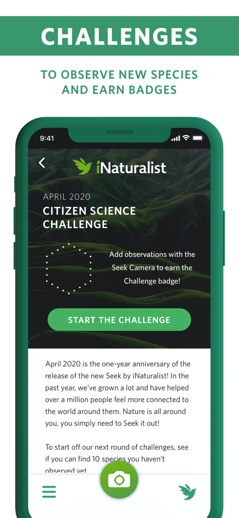 Screenshot der Seek by iNaturalist App, der die Seite „Citizen Science Challenge“ mit Optionen zum Verdienen von Abzeichen zeigt