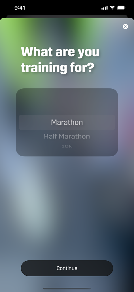 Strydアプリのトレーニング目標選択画面。マラソンとハーフマラソンのオプションがあります。