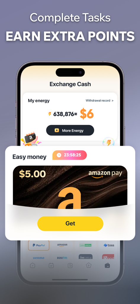 Perfit app interface showing energy points and a five dollar Amazon Pay gift card reward for completing fitness tasks