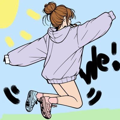 realistic girl jumping with a bun and oversized sweatshirt