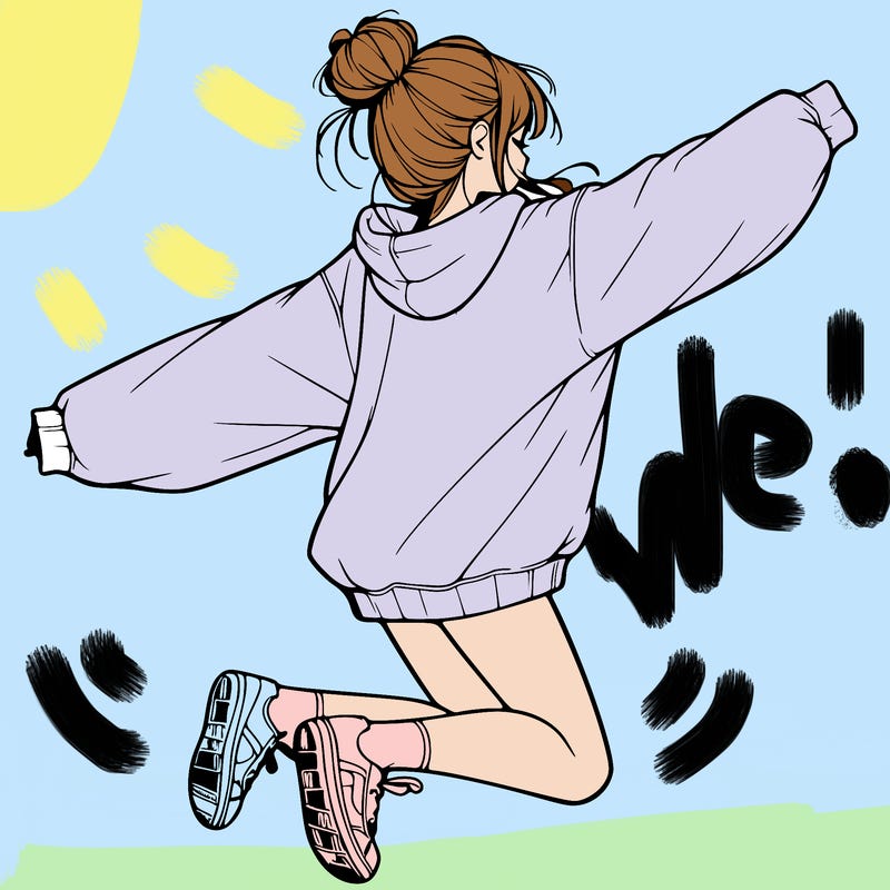 realistic girl jumping with a bun and oversized sweatshirt