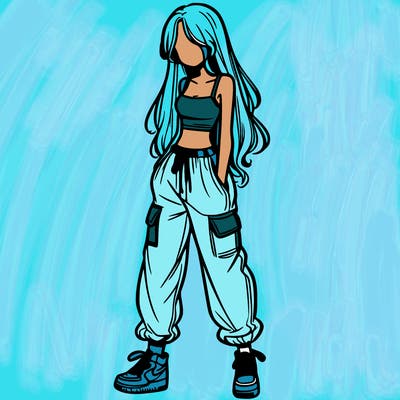 girl in baggy pants crop top and long hair