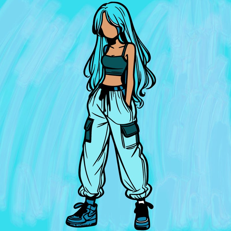 girl in baggy pants crop top and long hair