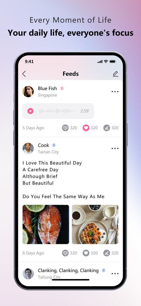 Feed social de la aplicación SSTT mostrando publicaciones de estilo de vida de usuarios con fotos de comida y grabaciones de audio.