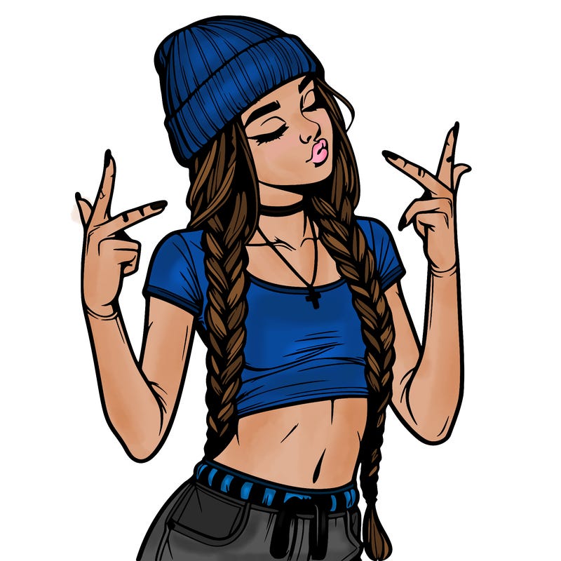 realistic teenage girl with braids and a beanie and crop top doing 🫶🏼