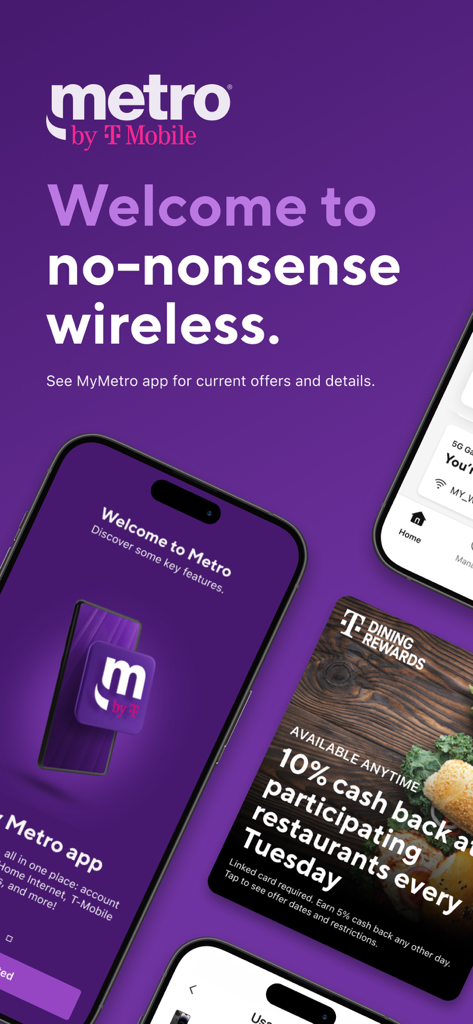 myMetro® - MyMetro by T-Mobile app welcome screen promoting no-nonsense wireless and cash back dining rewards.