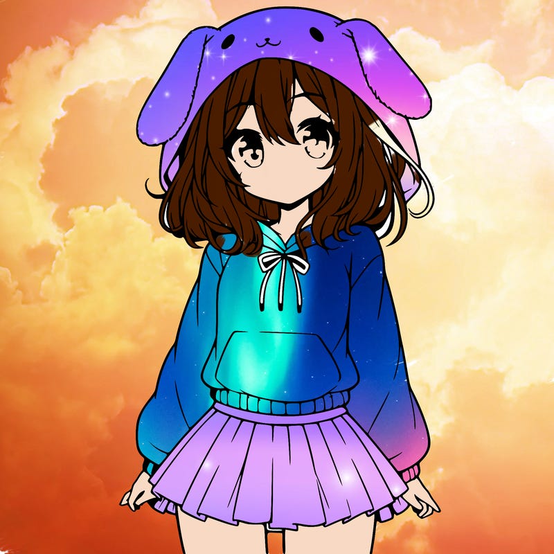 pretty anime girl wearing a fluffy hoodie with bunny ears on the hood and a skirt