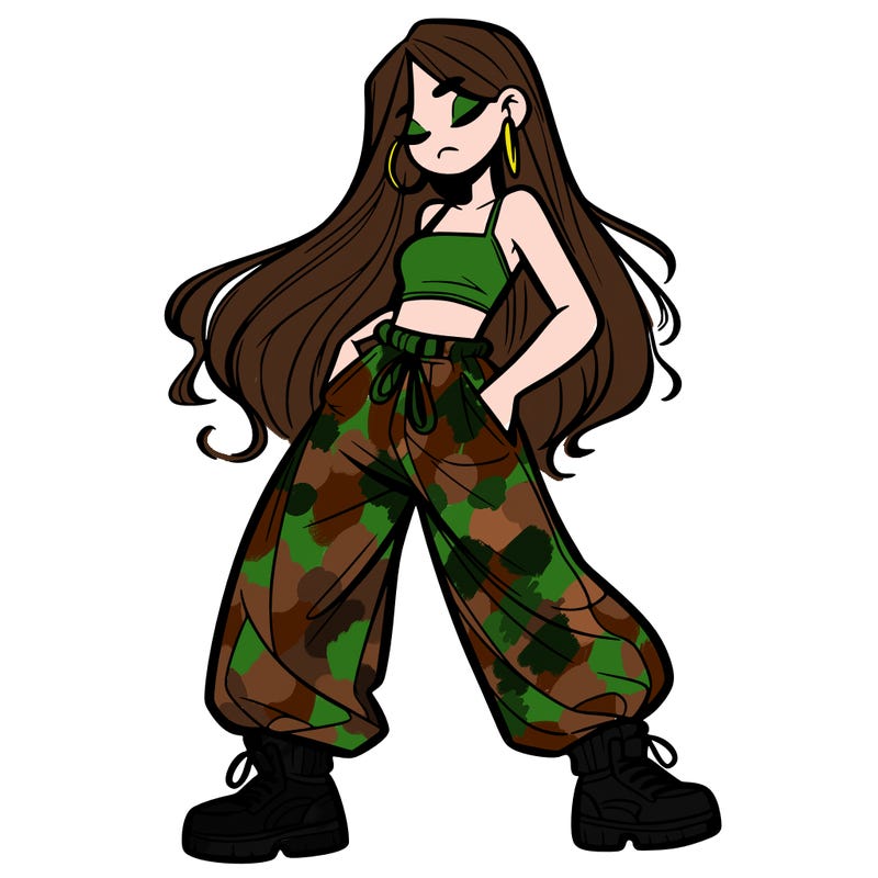 girl in baggy pants crop top and long hair