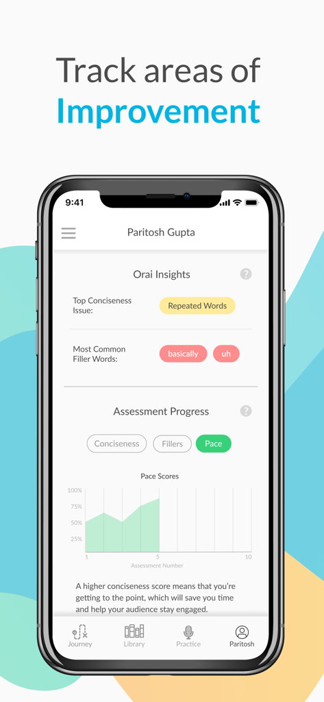 Orai app dashboard showing speech analytics for filler words and pacing progress