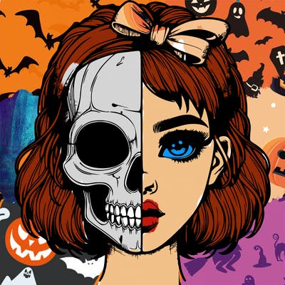 realistic girl with half skull mask