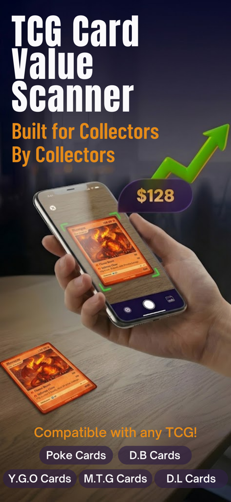 Cardex - TCG Card Scanner - Smartphone scanning a trading card with Cardex app to show market value