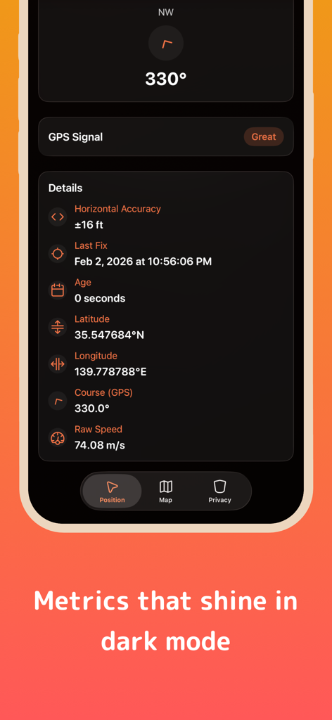 FlewAbove - FlewAbove app screen displaying detailed flight metrics and GPS coordinates in dark mode.