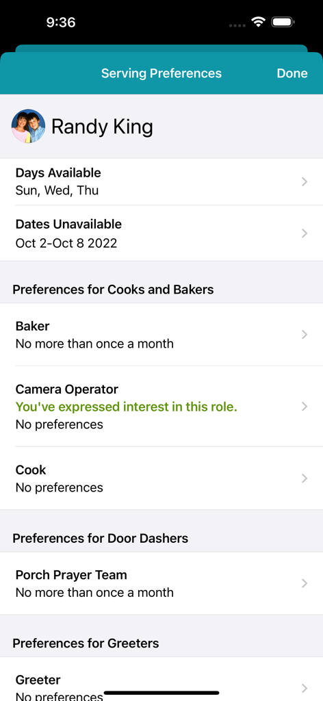 Realm Connect - For Our Church - Serving Preferences screen in the Realm Connect app showing volunteer availability and ministry roles for a user named Randy King.