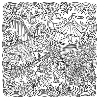 Experience the thrill of a carnival reimagined within an enchanting blizzard in this unique coloring page. Swirling snow and festive attractions come together for a captivating artistic adventure.