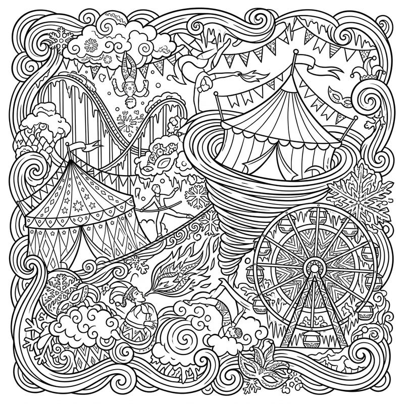 Experience the thrill of a carnival reimagined within an enchanting blizzard in this unique coloring page. Swirling snow and festive attractions come together for a captivating artistic adventure.
