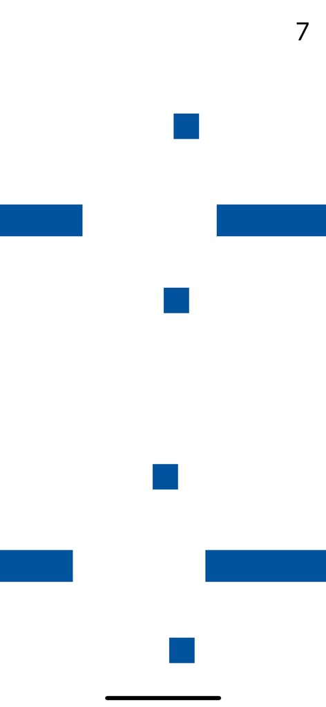 Minimalist gameplay of Amazing Bricks showing a blue square navigating through obstacles with a score of seven