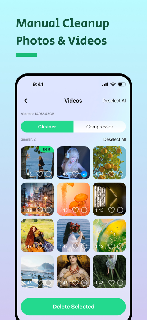 Interfaz de limpieza manual de videos en la aplicación AI Cleaner, mostrando una cuadrícula de videos para eliminar y liberar espacio de almacenamiento.