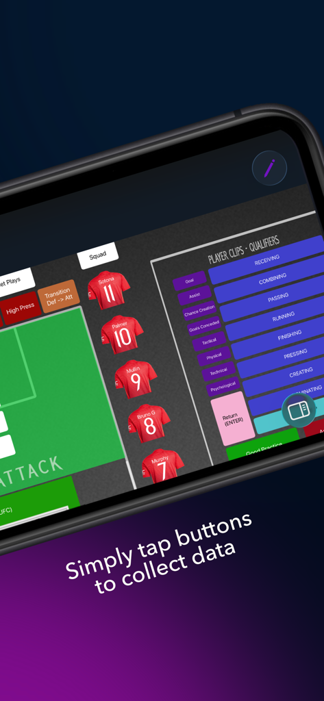 Timelines 앱 인터페이스는 플레이어 저지 및 액션 버튼을 사용하여 실시간 스포츠 성능 데이터 수집을 보여줍니다