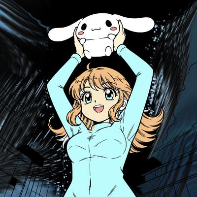 a girl is holding the cinnamoroll on their hands. she is holding the cinnamoroll with their hands raised above her head. anime style.